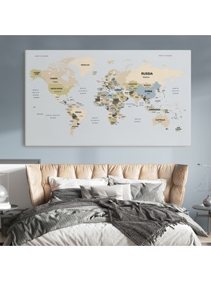 Dünyatablo Dünya Haritası Kanvas Tablo  Ülke Başkent Detaylı ve Dekoratif 2597 ( Tek Parça )