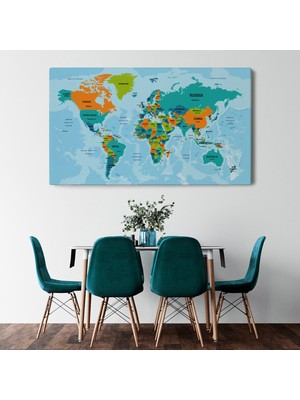 Dünyatablo Dünya Haritası Ülke Başkentli Okyanuslu ve Dekoratif Kanvas Tablo  2231 ( Tek Parça )