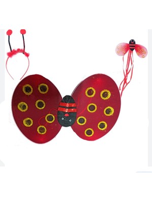 Pandoli Kırmızı Siyah Renk  Uğur Böceği Kanadı Set Kanat Asa Taç Set Yetişkin Çocuk Uyumlu