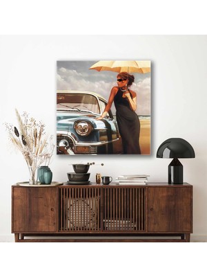 SML Tablo Deniz Kenarında Klasik Mavi Arabayla Poz Veren Şemsiyeli Kadın Kanvas Tablo
