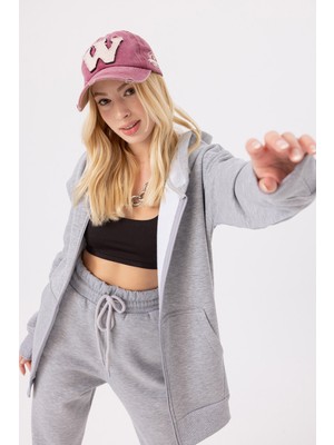 Gothamvibes Kadın Oversize Fermuarlı Kapüşonlu Gri Sweatshirt