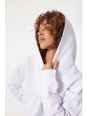 Gothamvibes Kadın Oversize Fermuarlı Kapüşonlu Beyaz Sweatshirt