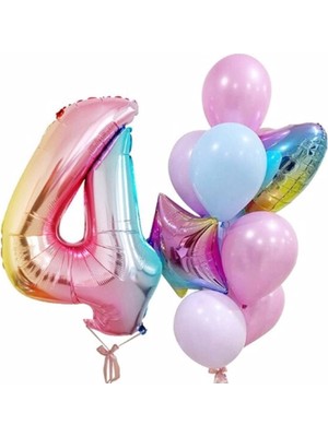 Best Parti Gökkuşağı Balon Renkli Yaş Balon Rakam Konsept Yaş 4