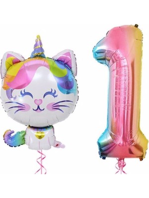 Best Parti Unicorn Kedi Balon Gökkuşağı Renkli Sayı Doğum Günü Set Yaş 1