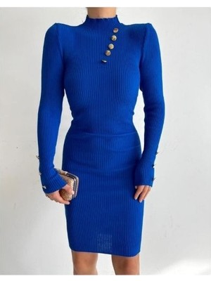 Purti Butik Saks Mavisi Yarım Boğazlı Triko Elbise