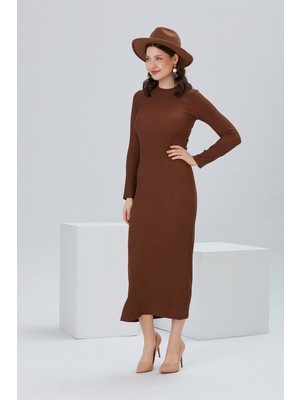 BRAKO TEKSTİL Kadın Bisiklet Yaka Düz Dar Uzun Elbise
