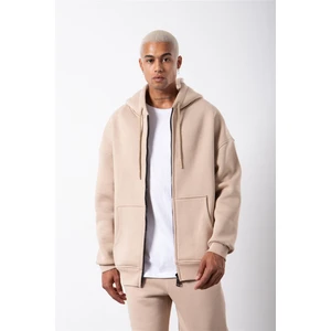 Oversize Fermuarlı Cepli Kapüşonlu Basic Sweatshirt Bej