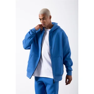 Oversize Fermuarlı Cepli Kapüşonlu Basic Sweatshirt Saks