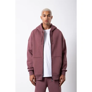 Oversize Fermuarlı Cepli Kapüşonlu Basic Sweatshirt Mürdüm