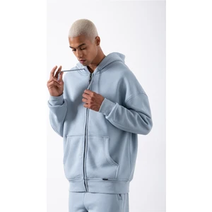 Oversize Fermuarlı Cepli Kapüşonlu Basic Sweatshirt Aqua