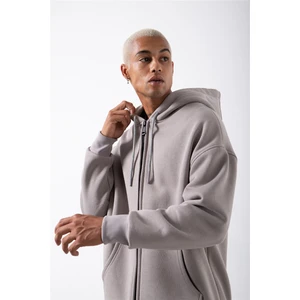 Oversize Fermuarlı Cepli Kapüşonlu Basic Sweatshirt Ice Gri