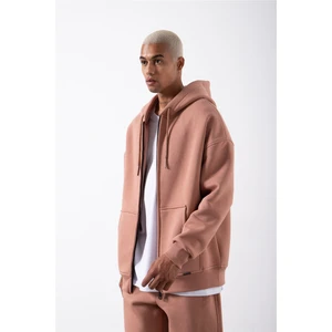 Oversize Fermuarlı Cepli Kapüşonlu Basic Sweatshirt Copper