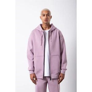 Oversize Fermuarlı Cepli Kapüşonlu Basic Sweatshirt Kirli Pembe