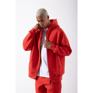 Oversize Fermuarlı Cepli Kapüşonlu Basic Sweatshirt Ice Red