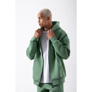 Oversize Fermuarlı Cepli Kapüşonlu Basic Sweatshirt Su Yeşili