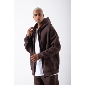 Oversize Fermuarlı Cepli Kapüşonlu Basic Sweatshirt Coffee