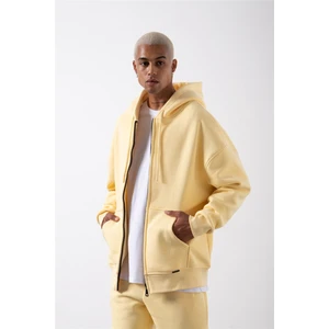 Oversize Fermuarlı Cepli Kapüşonlu Basic Sweatshirt Sarı