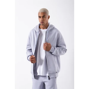 Oversize Fermuarlı Cepli Kapüşonlu Basic Sweatshirt Ice Lila