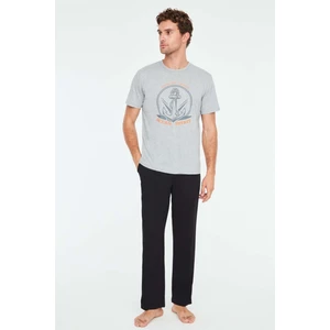 Mod Collection - Erkek Gri Melanj Yuvarlak Yaka Pijama Takımı