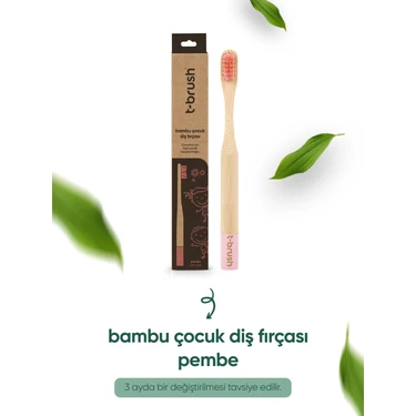 T-Brush Çocuk Diş Fırçası – Yumuşak Kıllı, Vegan Bambu Saplı, Plastik İçermeyen, Pembe, Doğa Dostu