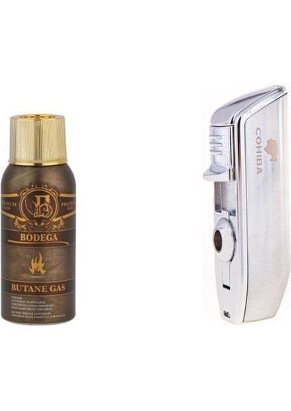 Gümüş Üç Torch Çakmak ve Bodega Premium Gazlı Bütan Gaz 100 ml Seti