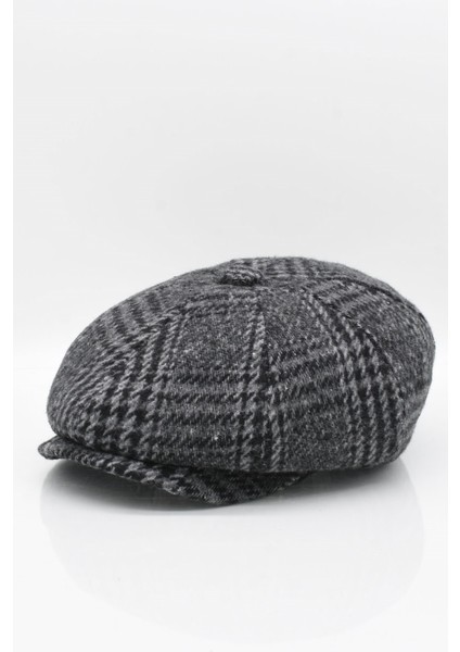 Erkek Ekose 8 Parça Yünlü Gri Kasket Şapka