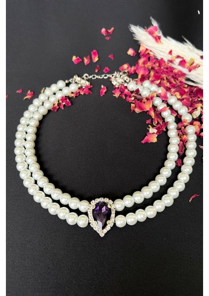 Mor Kristal Uçlu Inci Choker Kolye
