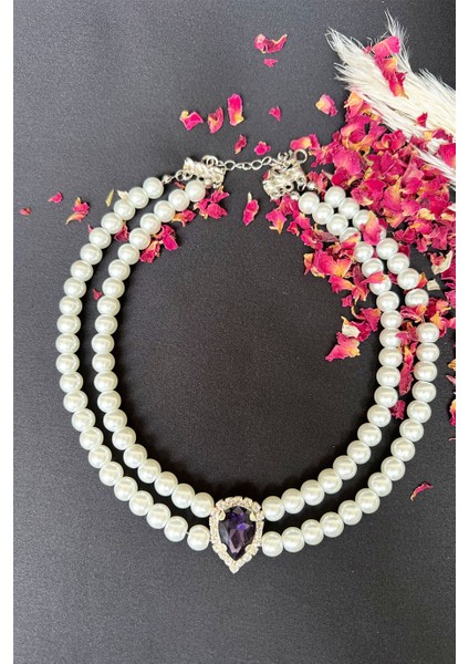 Mor Kristal Uçlu Inci Choker Kolye