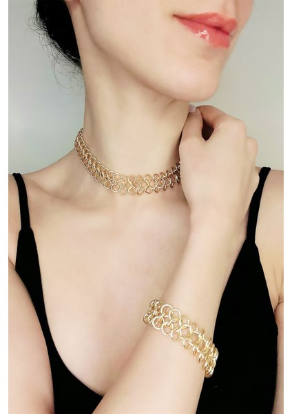 Asimetrik Tasarım Gold Kolye Bileklik Set