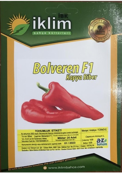 Biber Tohumu Bolveren F1 Kapya Biber (A-Z 21) - 20 Adet Tohumluk