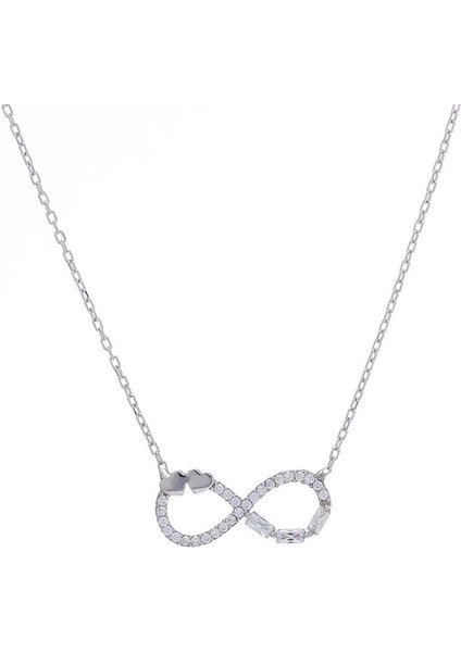 Sonsuzluk Kalp Detaylı Baget Taşlı 925 Ayar Gümüş Kadın Kolye