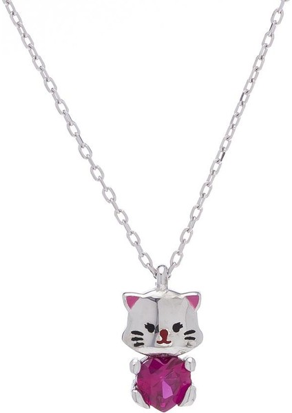 Kedi Pembe Zirkon Taşlı 925 Ayar Gümüş Kadın Kolye