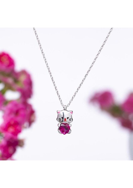 Kedi Pembe Zirkon Taşlı 925 Ayar Gümüş Kadın Kolye fırsatları