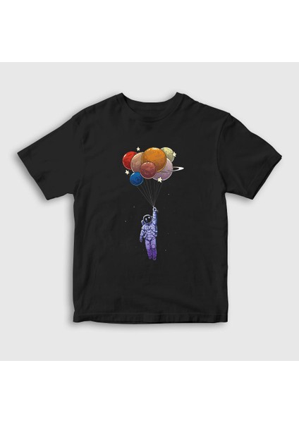 Unisex Çocuk Siyah Balloons Astronaut Space Astronot Uzay T-Shirt