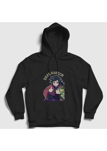 Unisex Siyah Depression Giyu Tomioka Anime Demon Slayer Kimetsu No Yaiba Kapüşonlu Sweatshirt
