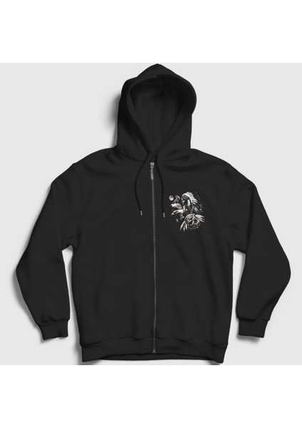 Unisex Siyah Animals Indian Kızılderili Fermuarlı Kapüşonlu Sweatshirt