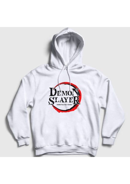 Unisex Beyaz Logo İblis Avcısı Anime Demon Slayer Kimetsu No Yaiba Kapüşonlu Sweatshirt