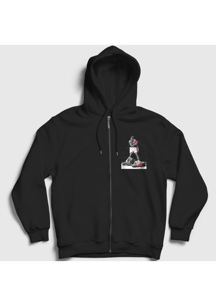 Unisex Siyah Ring Boxing Boks Muhammed Ali Fermuarlı Kapüşonlu Sweatshirt