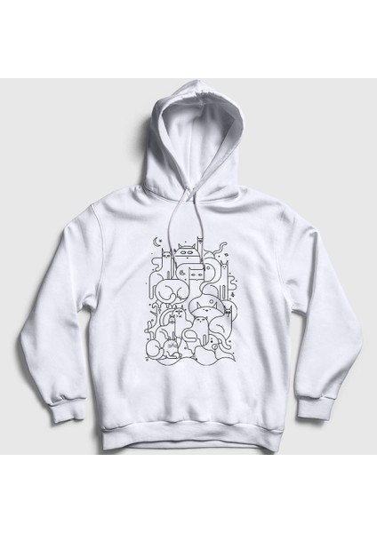 Unisex Beyaz Cats Everywhere Kedili Kapüşonlu Sweatshirt