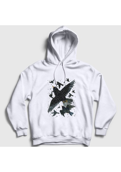 Unisex Beyaz Herd Of Birds Kuş Karga Kapüşonlu Sweatshirt