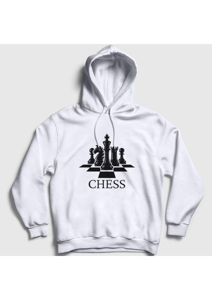 Unisex Beyaz Board Chess Satranç Kapüşonlu Sweatshirt