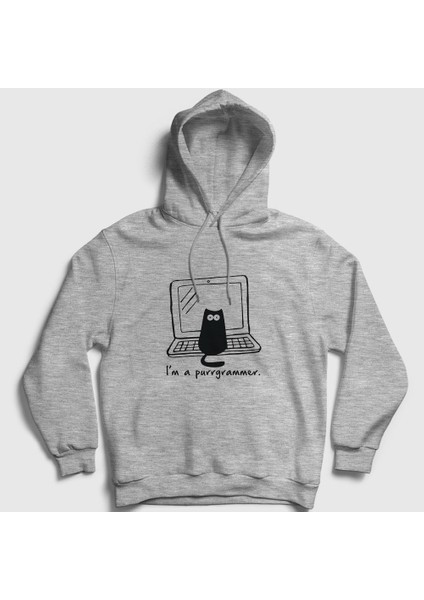 Unisex Gri Cat Purrgrammer Developer Yazılımcı Kapüşonlu Sweatshirt