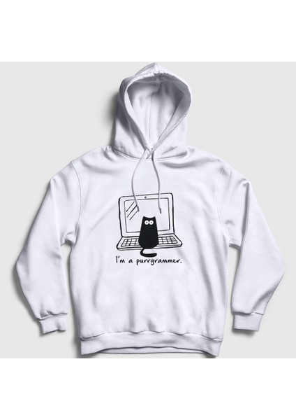 Unisex Beyaz Cat Purrgrammer Developer Yazılımcı Kapüşonlu Sweatshirt
