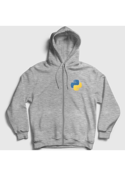 Unisex Gri Logo Python Developer Yazılımcı Fermuarlı Kapüşonlu Sweatshirt