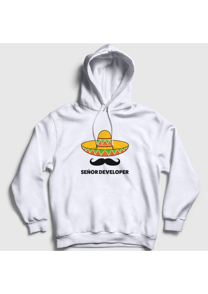Unisex Beyaz Senior Developer Yazılımcı Kapüşonlu Sweatshirt