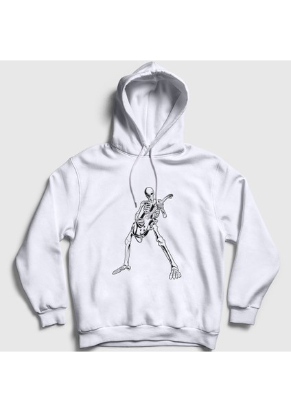 Unisex Beyaz Skeleton Guitarist Music Rock Kapüşonlu Sweatshirt