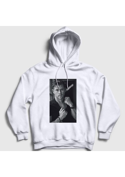 Unisex Beyaz Grayscale Chris Hemsworth Kapüşonlu Sweatshirt