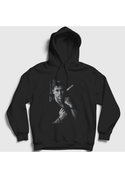 Unisex Siyah Grayscale Chris Hemsworth Kapüşonlu Sweatshirt