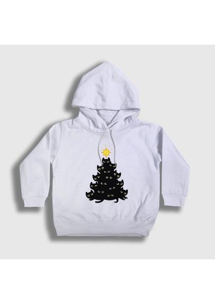 Unisex Çocuk Beyaz Lights Black Cat Kedi Yılbaşı Kapüşonlu Sweatshirt