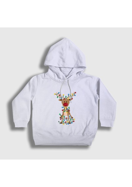 Unisex Çocuk Beyaz Adorable Reindeer Geyik Yılbaşı Kapüşonlu Sweatshirt